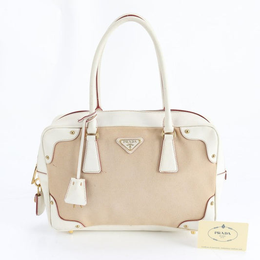 Prada Triangle Logo Leather Canvas Handbag Tote