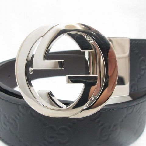 Gucci Interlocking Buckle Reversible Leather Belt Guccissima Black Brown Silver