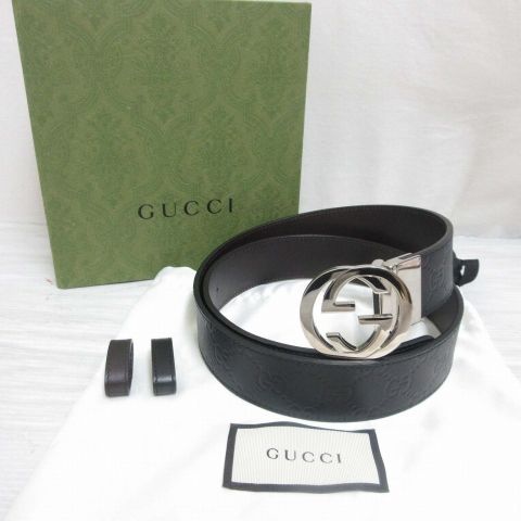 Gucci Interlocking Buckle Reversible Leather Belt Guccissima Black Brown Silver