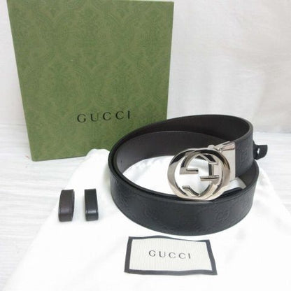 Gucci Interlocking Buckle Reversible Leather Belt Guccissima Black Brown Silver