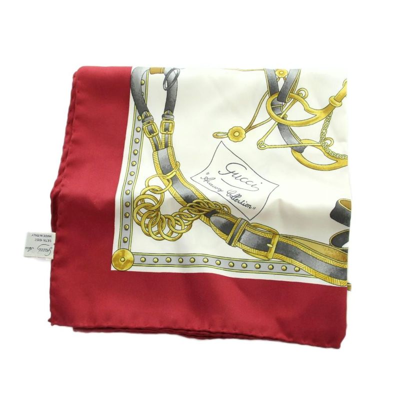 Gucci Large Scarf Shawl Silk Logo Chain All Over Pattern Multicolor