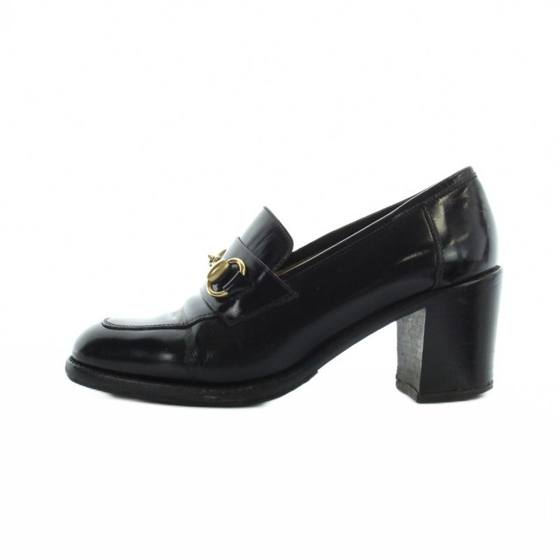 Gucci Loafer Round Toe Chunky Heel Leather Horsebit 100 35.5 Black