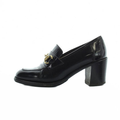 Gucci Loafer Round Toe Chunky Heel Leather Horsebit 100 35.5 Black