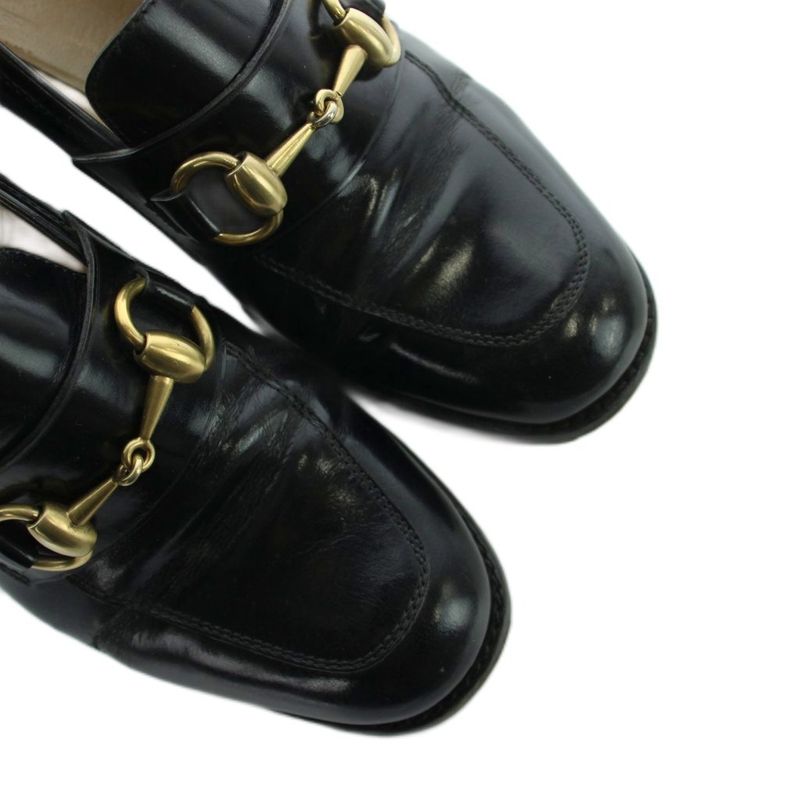Gucci Loafer Round Toe Chunky Heel Leather Horsebit 100 35.5 Black