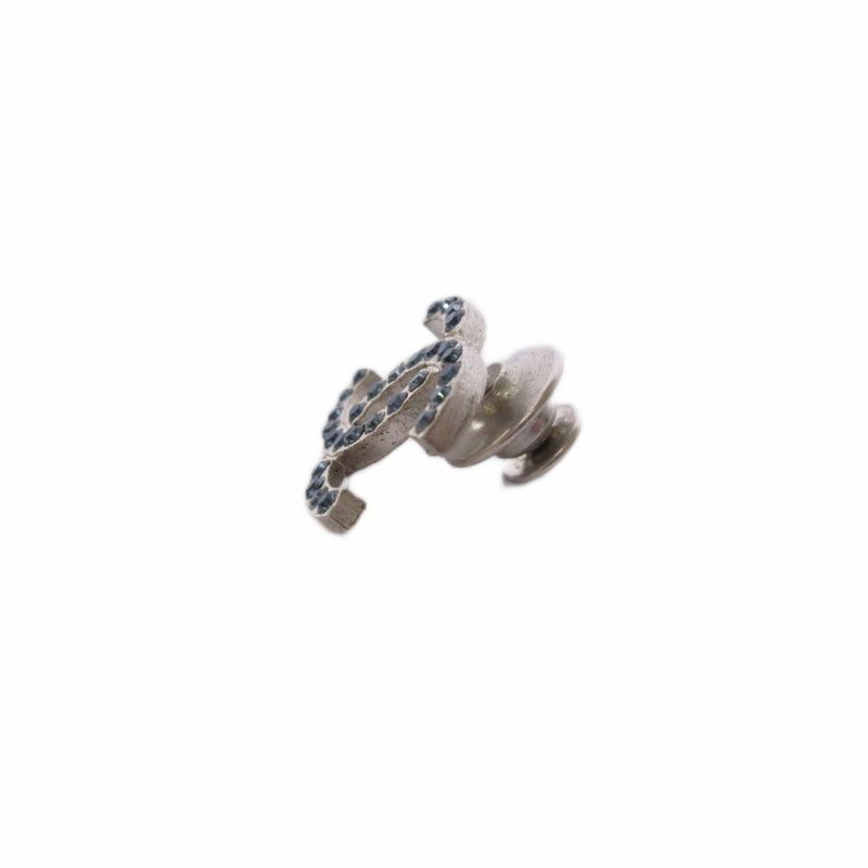 Chanel CC Logo Brooch Line Stone Blue Silver Color KH