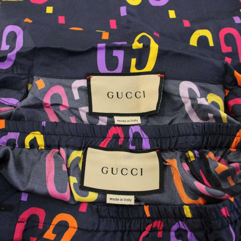 Gucci GG Print Set Shirt Short Sleeve Shorts Silk 46 Navy Pants