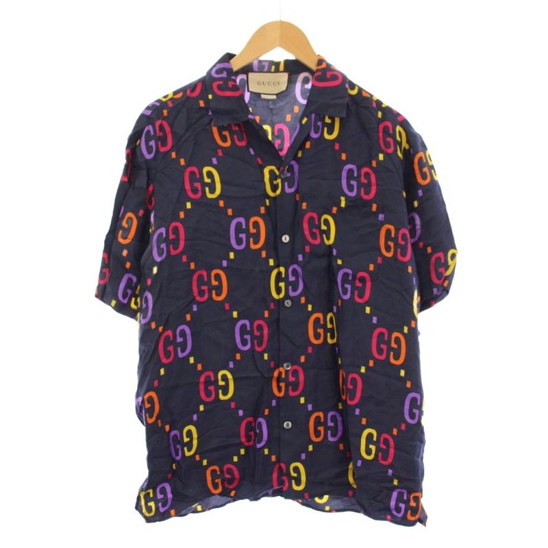Gucci GG Print Set Shirt Short Sleeve Shorts Silk 46 Navy Pants