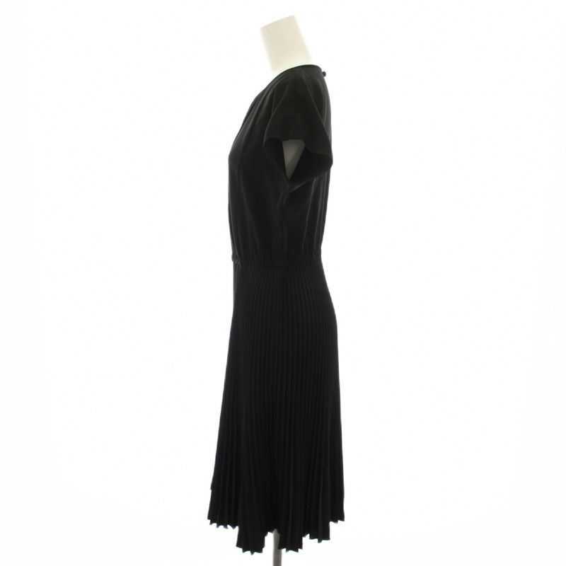 Prada Pleated Dress Knee Length Short Sleeve Waist Togo Mu Black YT