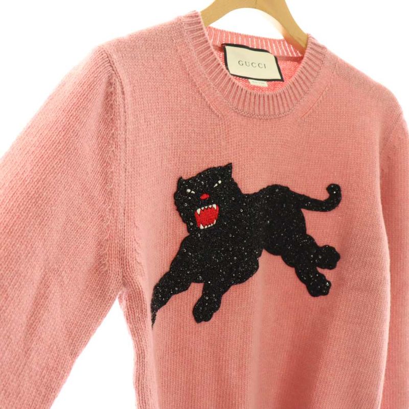 Gucci Panthere Knit Sweater Long Sleeve Embroidery Wool XS Pink
