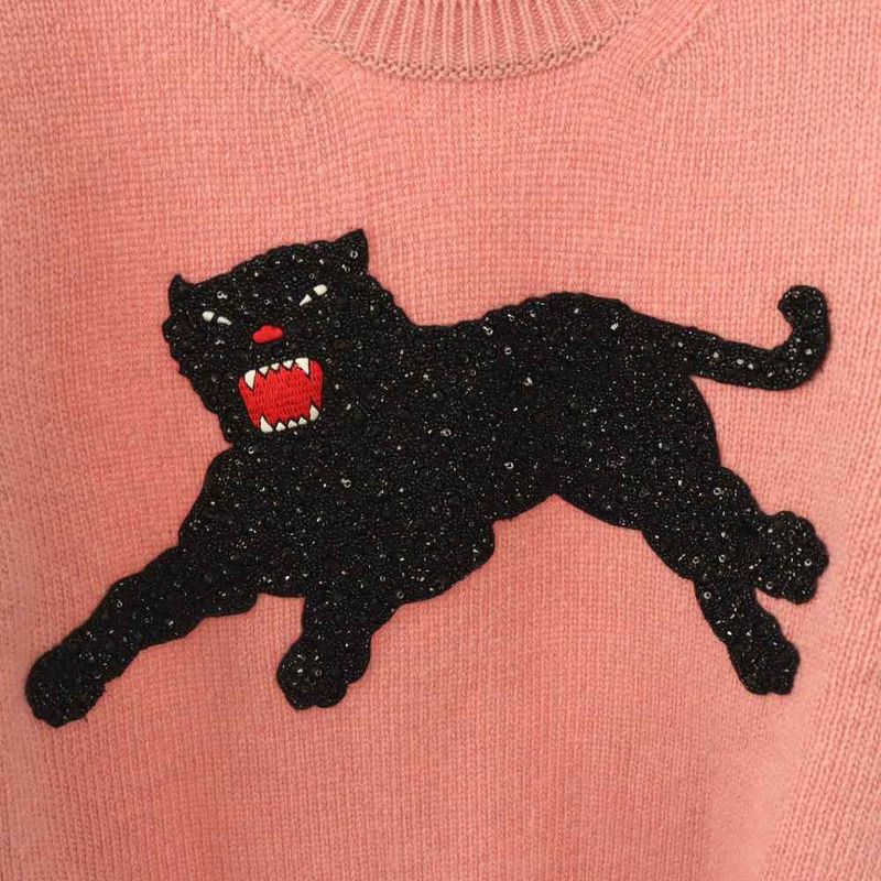 Gucci Panthere Knit Sweater Long Sleeve Embroidery Wool XS Pink