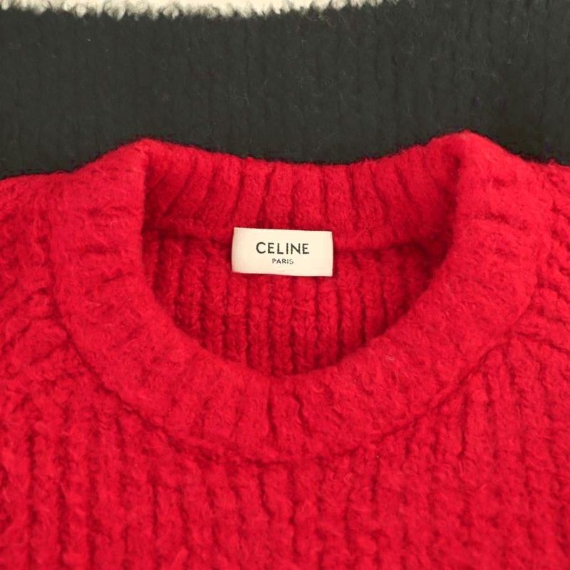 Celine Oversize Striped Crew Neck Knit Sweater Long Sleeve S Red Black AD