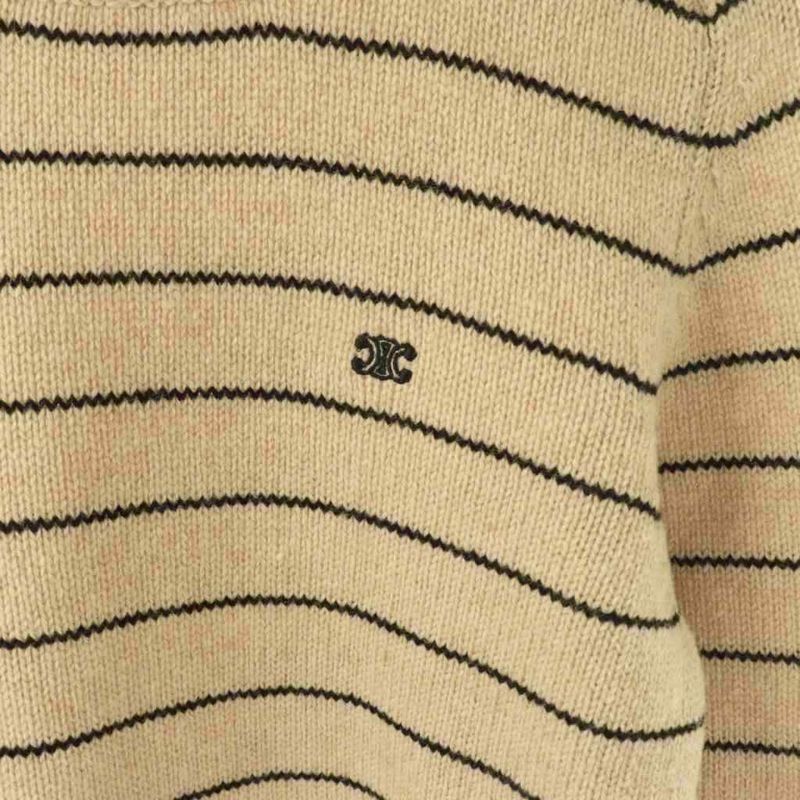 Celine Triomphe Border Crew Neck Knit Sweater Long Sleeve S Beige AD