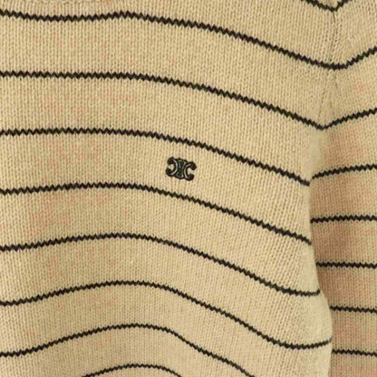 Celine Triomphe Border Crew Neck Knit Sweater Long Sleeve S Beige AD