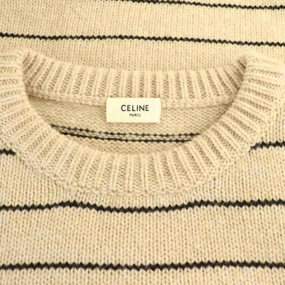 Celine Triomphe Border Crew Neck Knit Sweater Long Sleeve S Beige AD