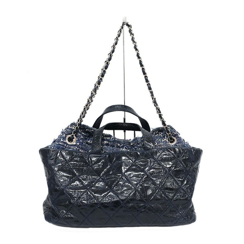 Chanel Portobello 2-Way Bag Chain Bag Handbag Navy Silver Leather Tweed Bag