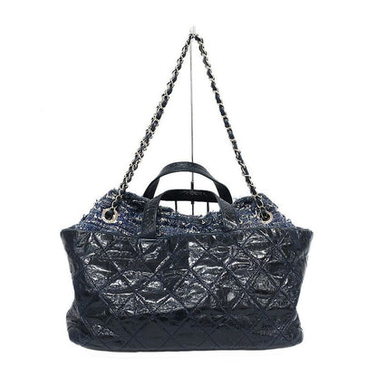Chanel Portobello 2-Way Bag Chain Bag Handbag Navy Silver Leather Tweed Bag
