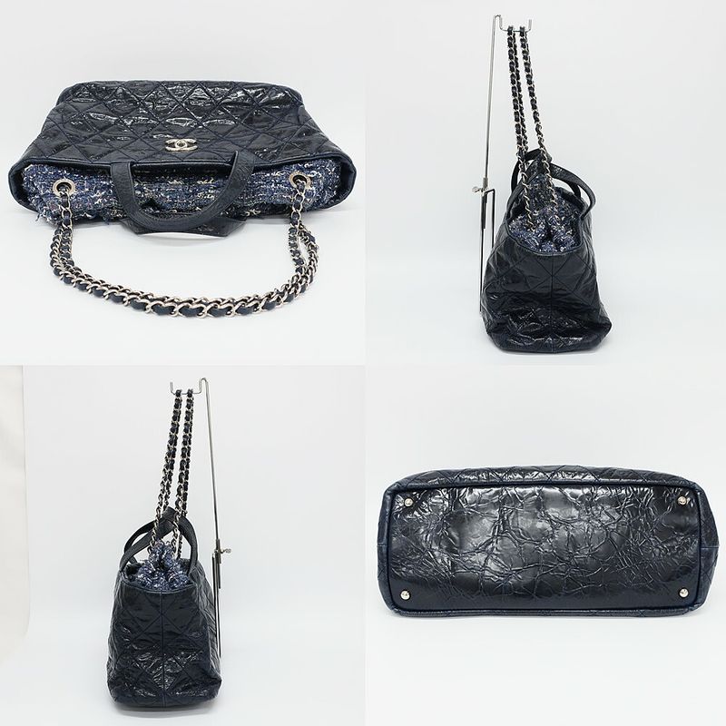Chanel Portobello 2-Way Bag Chain Bag Handbag Navy Silver Leather Tweed Bag