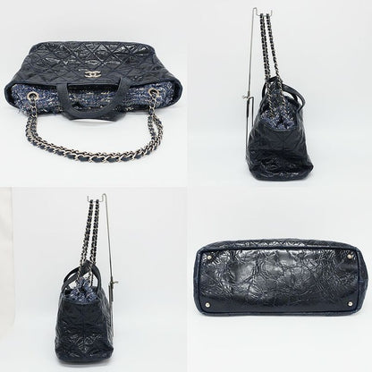 Chanel Portobello 2-Way Bag Chain Bag Handbag Navy Silver Leather Tweed Bag