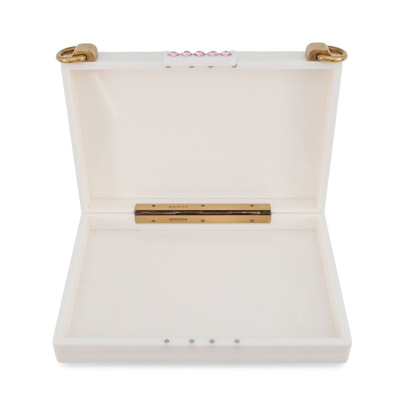 Gucci Shoulder Bag Cat Plastic Line Stone Faux Pearl White