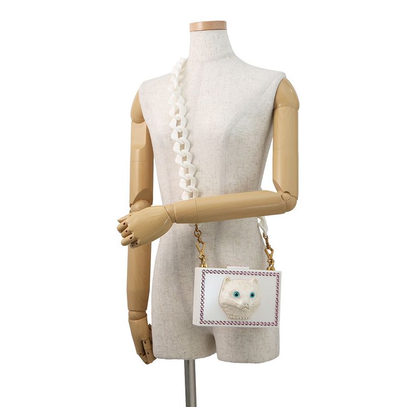 Gucci Shoulder Bag Cat Plastic Line Stone Faux Pearl White