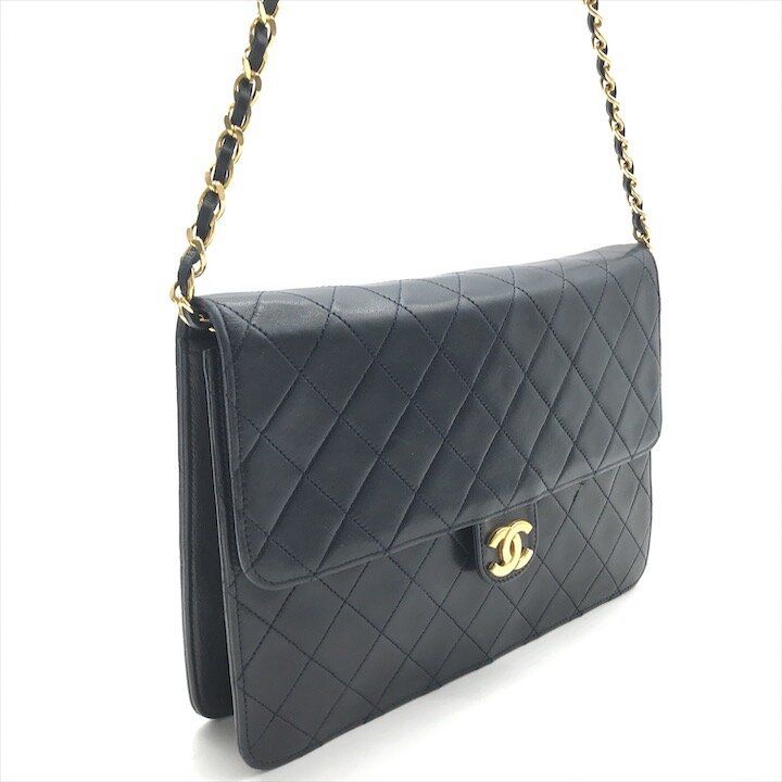 Chanel CC Logo Quilted Push Lock Lambskin Chain Shoulder Bag Navy