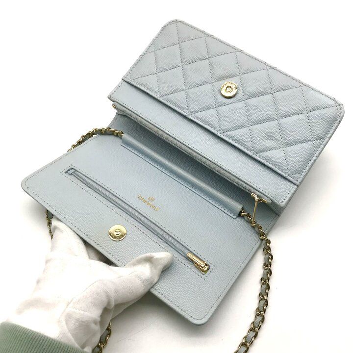 Chanel CC Logo Caviar Leather Quilted Chain Wallet Shoulder Bag Light Blue