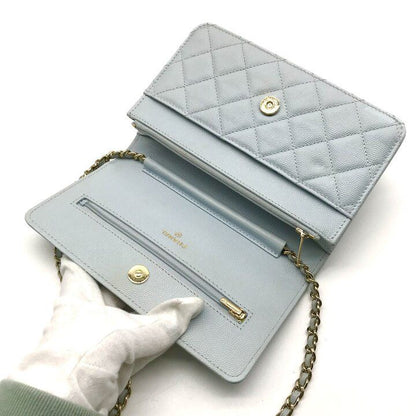 Chanel CC Logo Caviar Leather Quilted Chain Wallet Shoulder Bag Light Blue