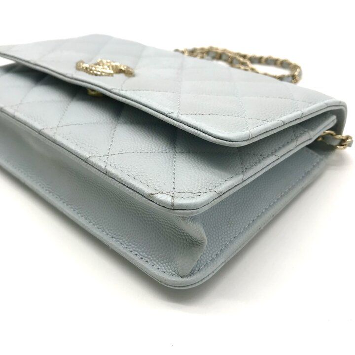 Chanel CC Logo Caviar Leather Quilted Chain Wallet Shoulder Bag Light Blue