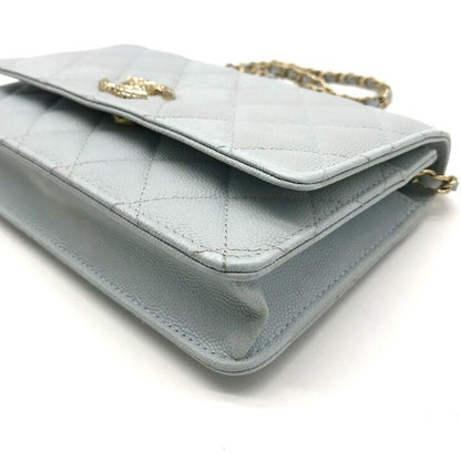 Chanel CC Logo Caviar Leather Quilted Chain Wallet Shoulder Bag Light Blue