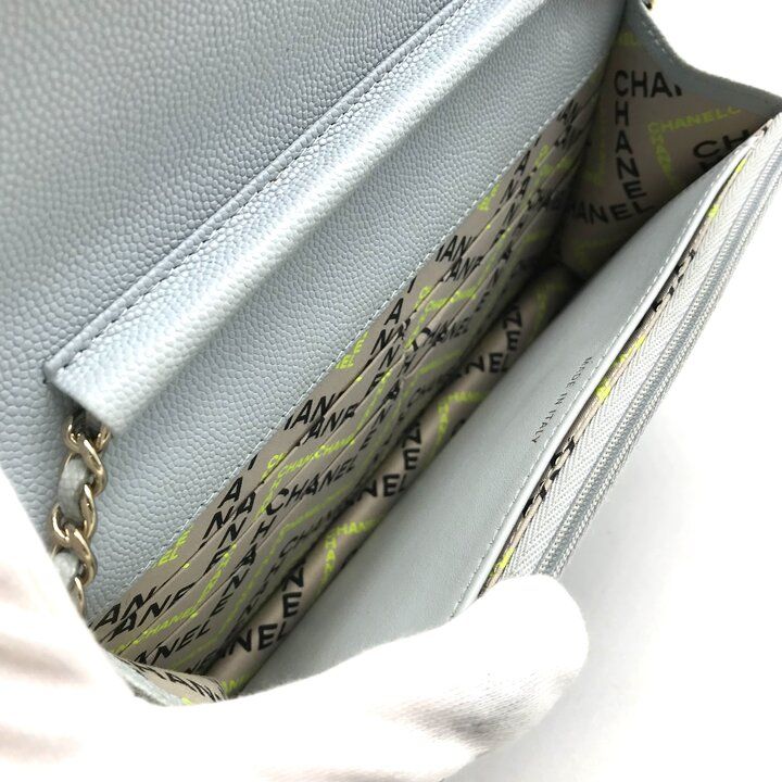 Chanel CC Logo Caviar Leather Quilted Chain Wallet Shoulder Bag Light Blue