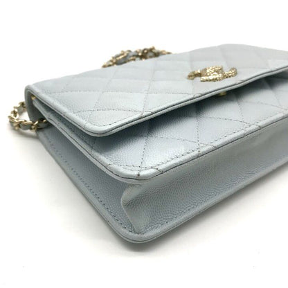 Chanel CC Logo Caviar Leather Quilted Chain Wallet Shoulder Bag Light Blue
