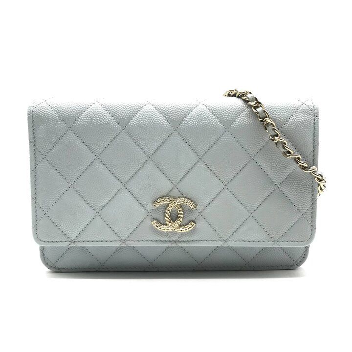 Chanel CC Logo Caviar Leather Quilted Chain Wallet Shoulder Bag Light Blue