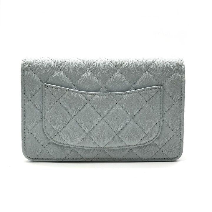 Chanel CC Logo Caviar Leather Quilted Chain Wallet Shoulder Bag Light Blue