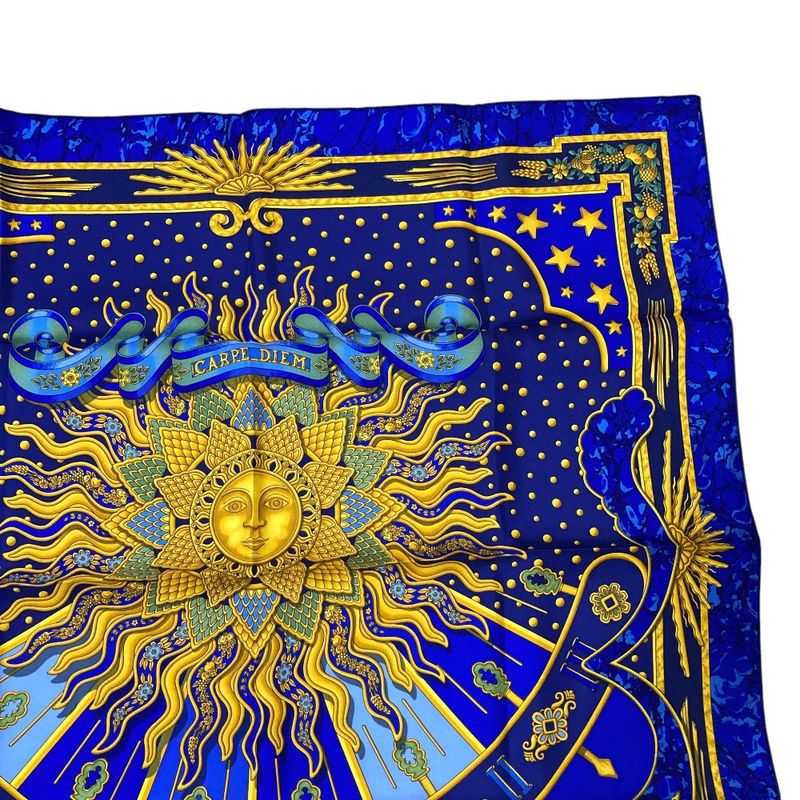 Hermes Carre 90 Carpe Diem Enjoy Your Day Silk Scarf Shawl Blue Multicolor