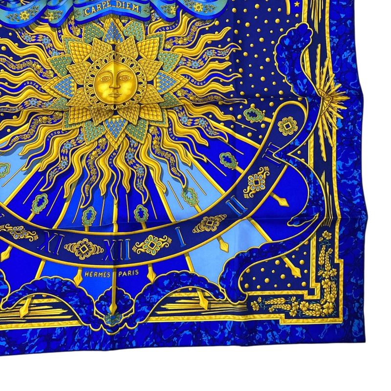 Hermes Carre 90 Carpe Diem Enjoy Your Day Silk Scarf Shawl Blue Multicolor