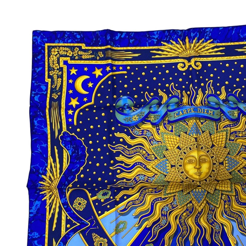 Hermes Carre 90 Carpe Diem Enjoy Your Day Silk Scarf Shawl Blue Multicolor