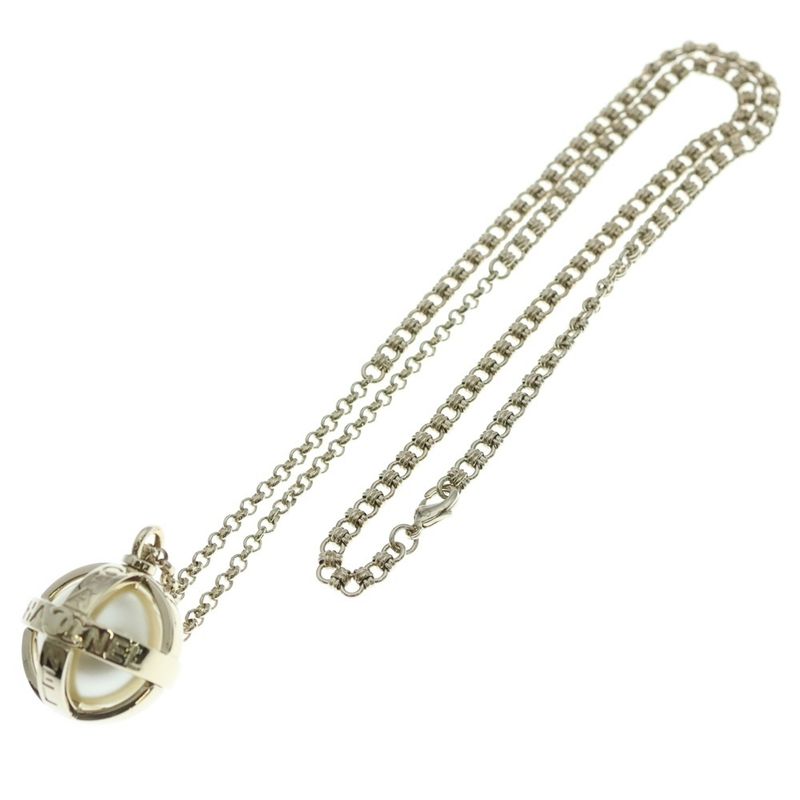 Chanel CC Logo Orb Ball Faux Pearl Necklace Pendant Chain Gold White