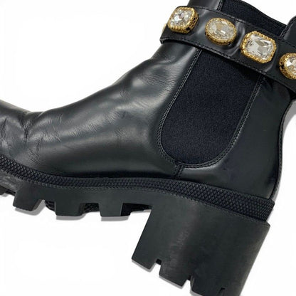 Gucci Short Boots Shoes Leather Black Bijoux GG Marmont Belt Side Gore