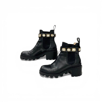 Gucci Short Boots Shoes Leather Black Bijoux GG Marmont Belt Side Gore