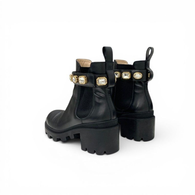 Gucci Short Boots Shoes Leather Black Bijoux GG Marmont Belt Side Gore