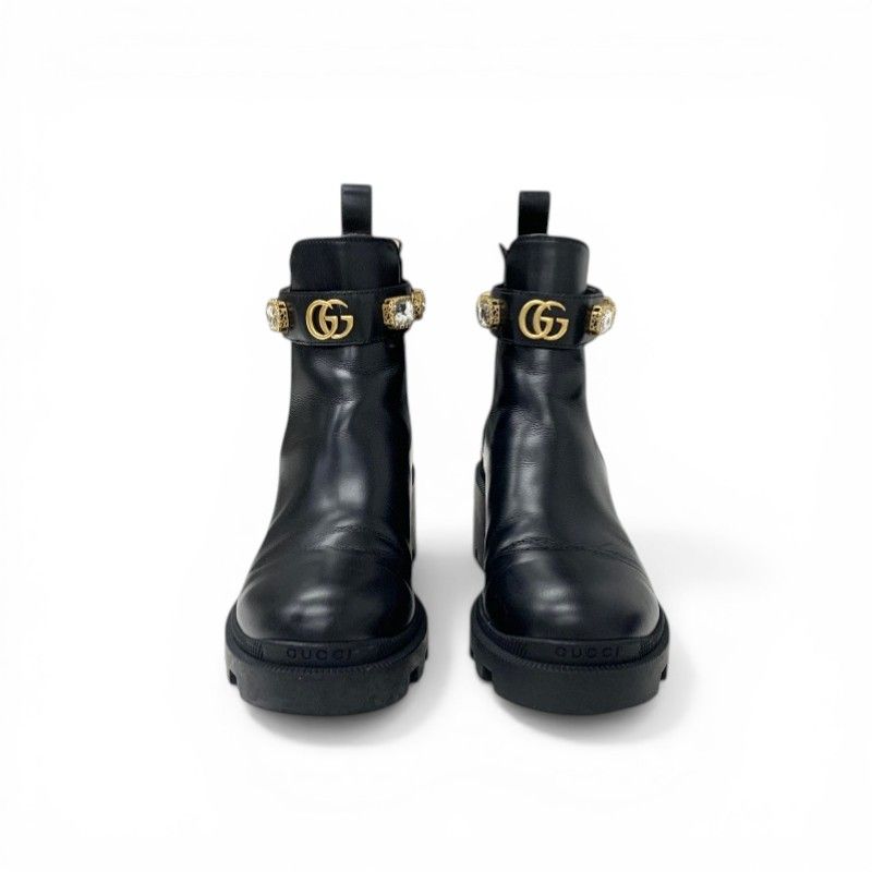 Gucci Short Boots Shoes Leather Black Bijoux GG Marmont Belt Side Gore