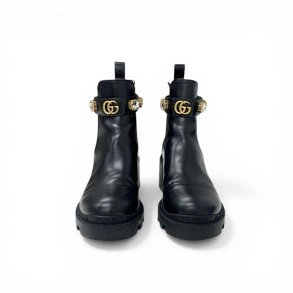 Gucci Short Boots Shoes Leather Black Bijoux GG Marmont Belt Side Gore