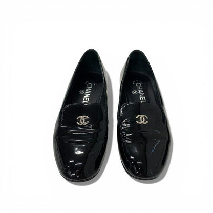 Chanel Flat Shoes Patent Black CC Logo Pearl Opera