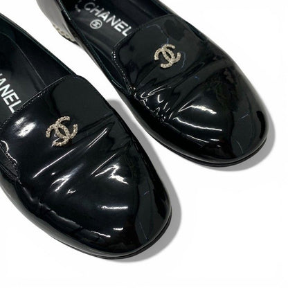 Chanel Flat Shoes Patent Black CC Logo Pearl Opera