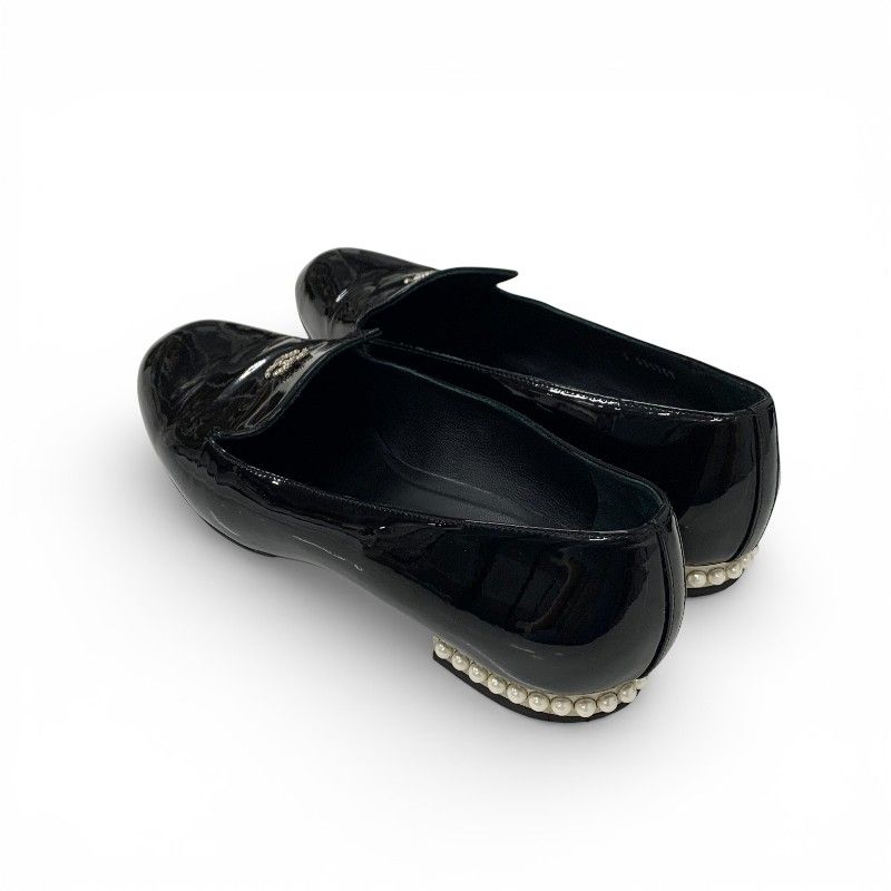 Chanel Flat Shoes Patent Black CC Logo Pearl Opera