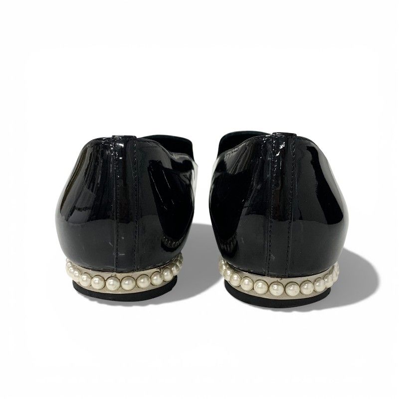 Chanel Flat Shoes Patent Black CC Logo Pearl Opera
