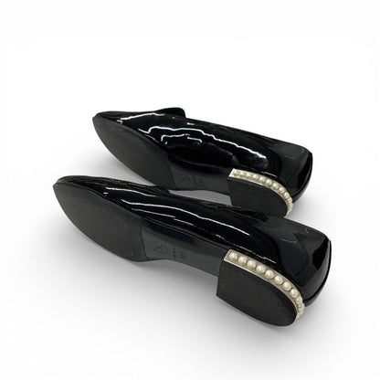 Chanel Flat Shoes Patent Black CC Logo Pearl Opera