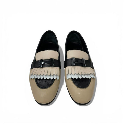 Hermes Royal Loafers Leather Shoes Beige Black White Hhardware Constance Fringe