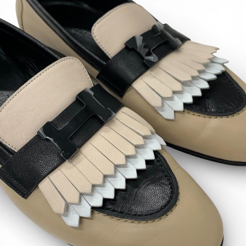 Hermes Royal Loafers Leather Shoes Beige Black White Hhardware Constance Fringe