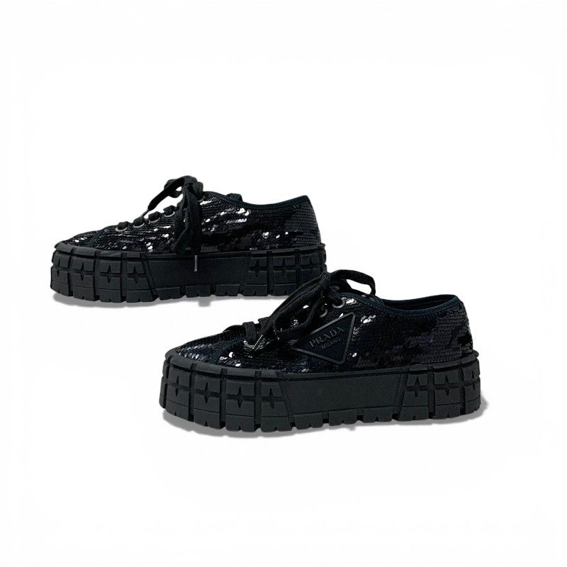 Prada Sneakers Shoes Sequins Black Logo Double Wheels